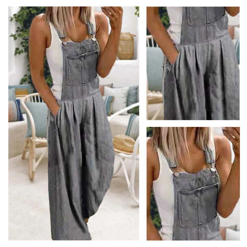 Overol de mezclilla casual con pantalones anchos y bolsillos