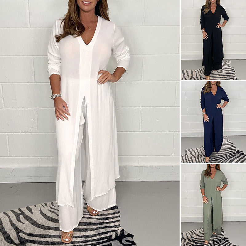 Casual two-piece set with long top and matching pants