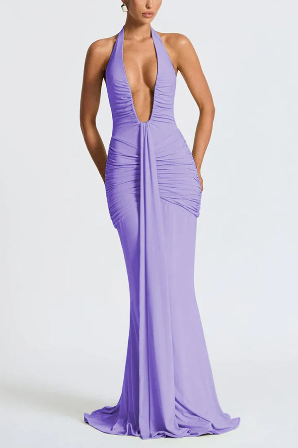 Solid Color Elegant Halterneck V-neck Open Back Tie Gathered Maxi Dress