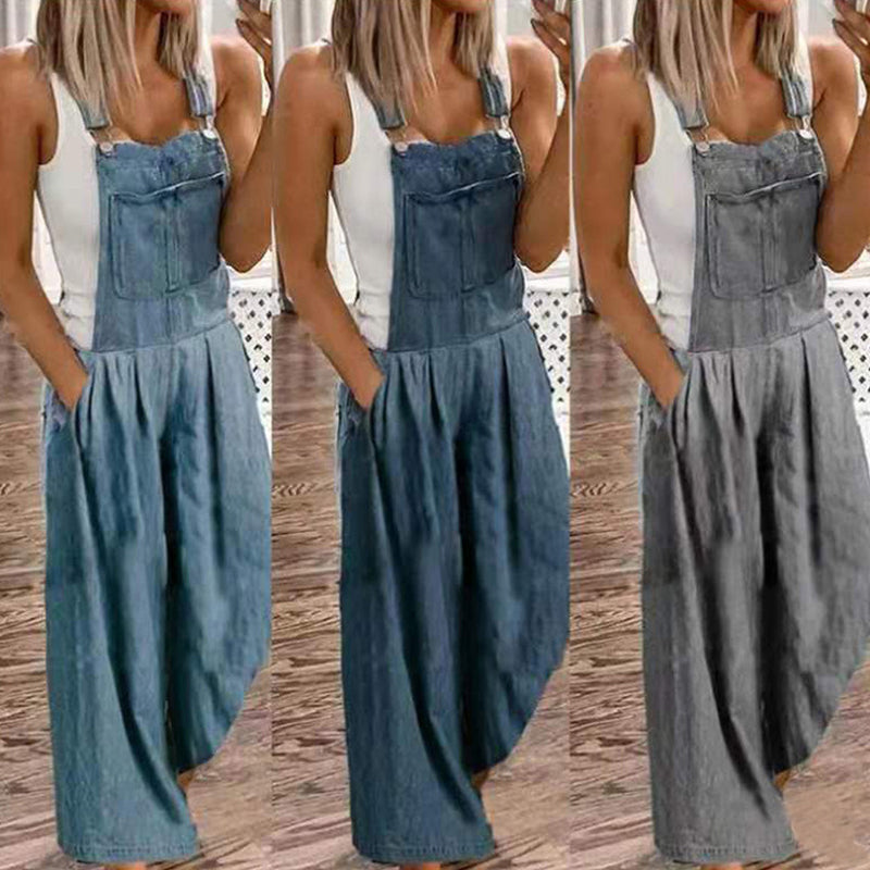 Overol de mezclilla casual con pantalones anchos y bolsillos