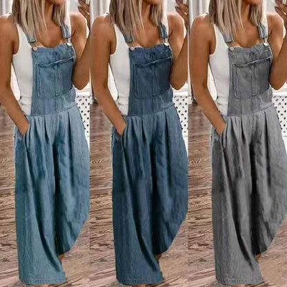 Overol de mezclilla casual con pantalones anchos y bolsillos