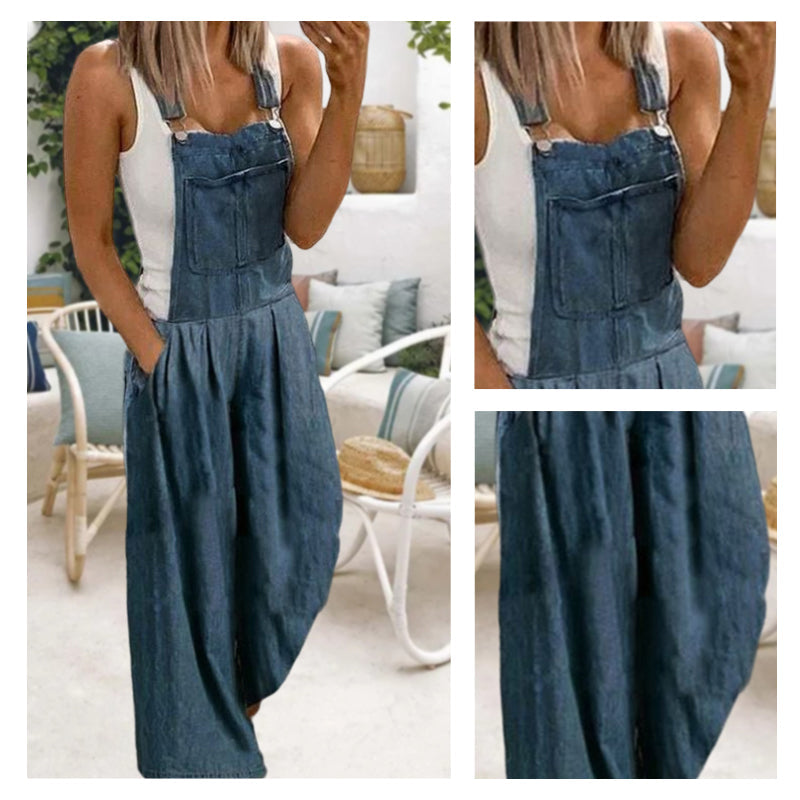 Overol de mezclilla casual con pantalones anchos y bolsillos