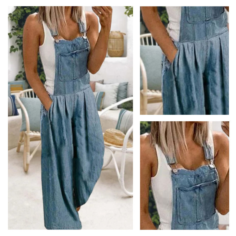 Overol de mezclilla casual con pantalones anchos y bolsillos