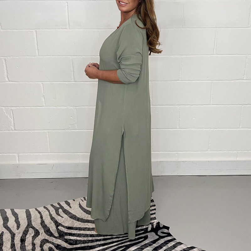 Casual two-piece set with long top and matching pants