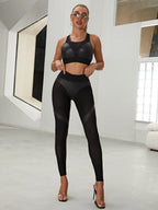 Female Fly-Eye Fishnet Breathable PU Booty Leggings