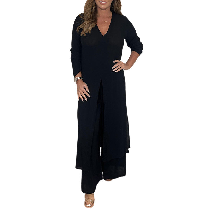 Casual two-piece set with long top and matching pants