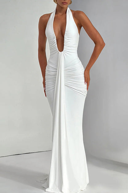 Solid Color Elegant Halterneck V-neck Open Back Tie Gathered Maxi Dress