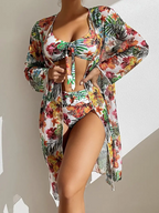 3-Piece Swimsuit Set with Tropical Floral Print and Tummy Control