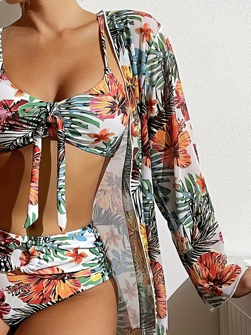 3-Piece Swimsuit Set with Tropical Floral Print and Tummy Control