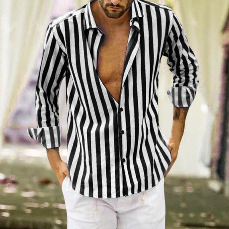Camisa de botones a rayas de lino y algodón con lentejuelas de verano para hombre.