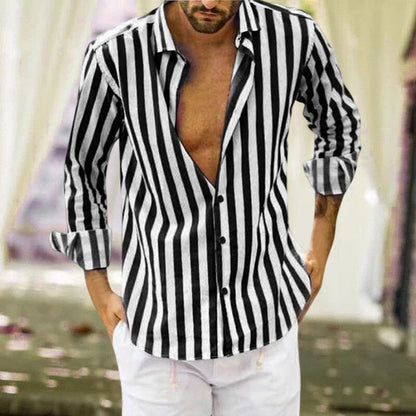 Camisa de botones a rayas de lino y algodón con lentejuelas de verano para hombre.