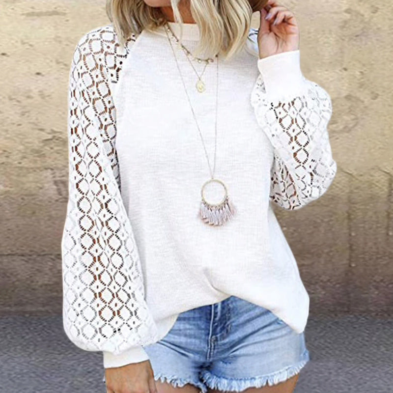 Camiseta de encaje con cuello redondo y mangas largas