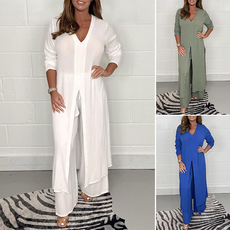 Casual two-piece set with long top and matching pants