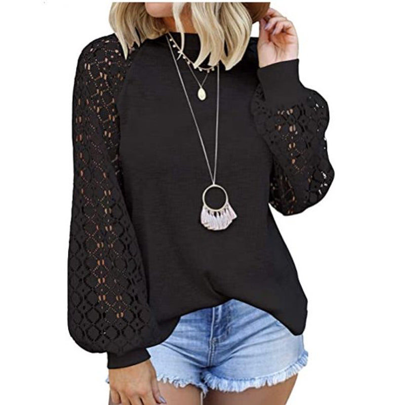 Camiseta de encaje con cuello redondo y mangas largas