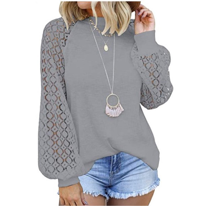 Camiseta de encaje con cuello redondo y mangas largas