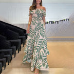 Plant Smiles bedrukte off-shoulder maxi-jurk met elastische taille