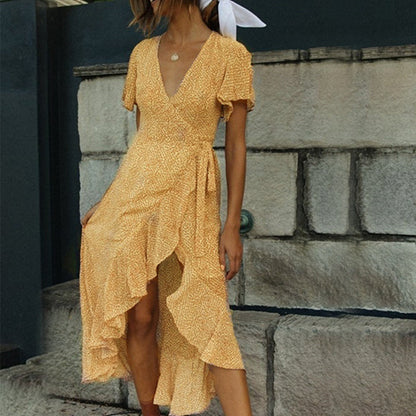 Boho summer dress with V-neck and polka dots