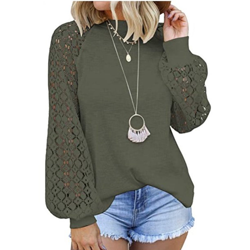 Camiseta de encaje con cuello redondo y mangas largas