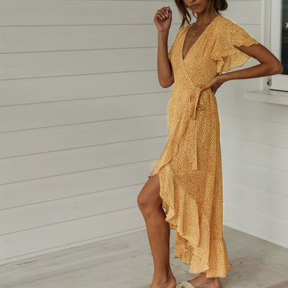 Boho summer dress with V-neck and polka dots