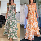 Plant Smiles bedrukte off-shoulder maxi-jurk met elastische taille