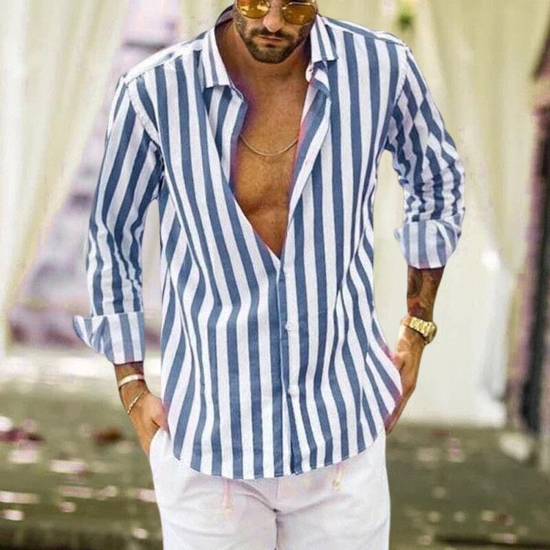 Camisa de botones a rayas de lino y algodón con lentejuelas de verano para hombre.