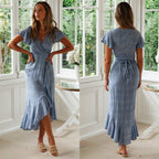 Boho summer dress with V-neck and polka dots