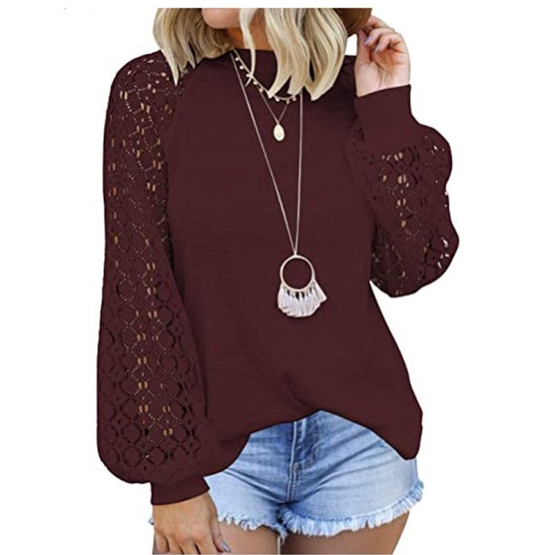 Camiseta de encaje con cuello redondo y mangas largas