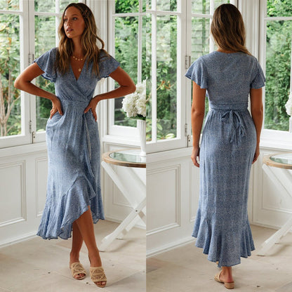 Boho summer dress with V-neck and polka dots