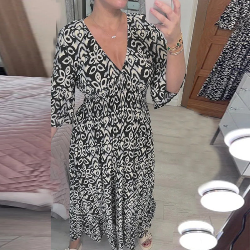 V-hals bedrukte jurk met wijde mouwen