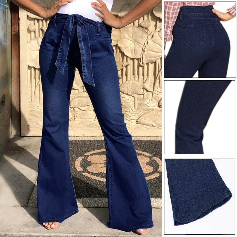 Pantalones de mezclilla de pierna ancha y alto alto para dama.