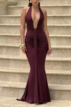 Solid Color Elegant Halterneck V-neck Open Back Tie Gathered Maxi Dress