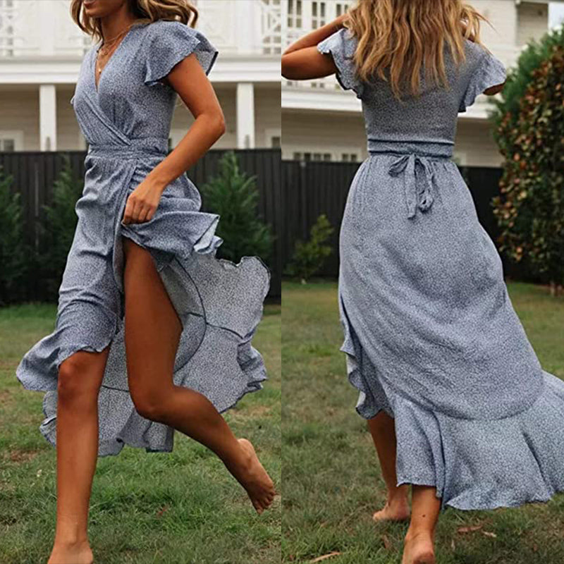 Boho summer dress with V-neck and polka dots