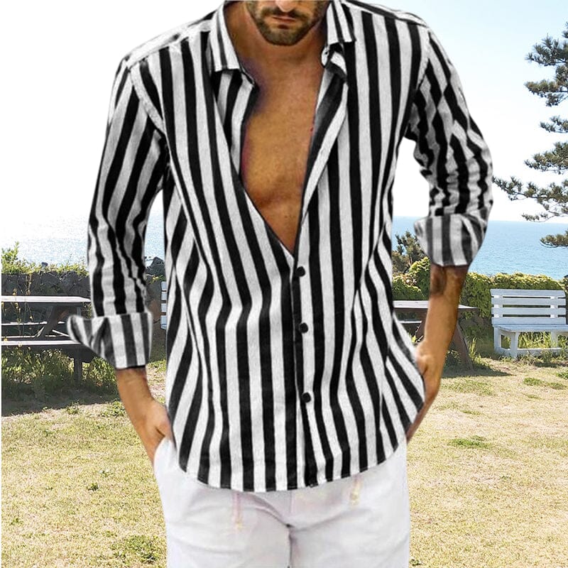 Camisa de botones a rayas de lino y algodón con lentejuelas de verano para hombre.