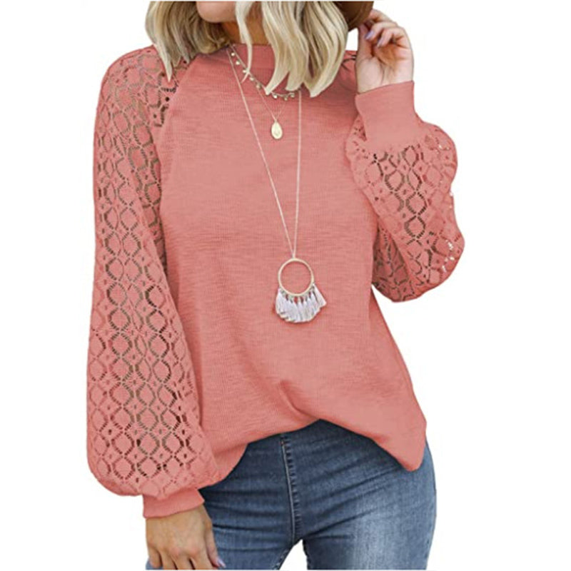 Camiseta de encaje con cuello redondo y mangas largas