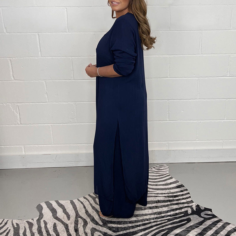 Casual two-piece set with long top and matching pants