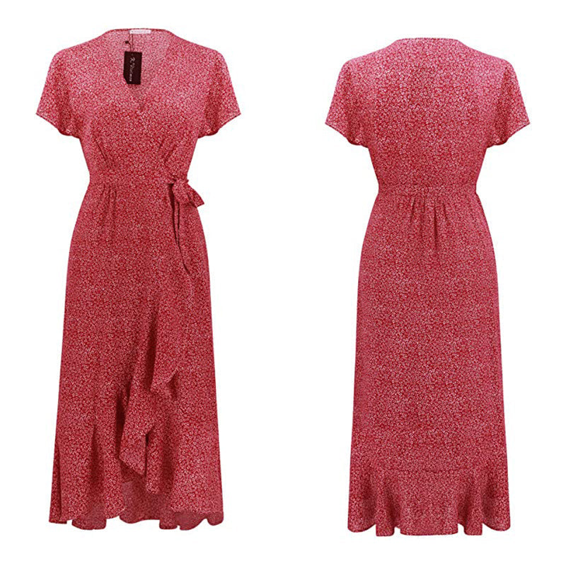 Boho summer dress with V-neck and polka dots