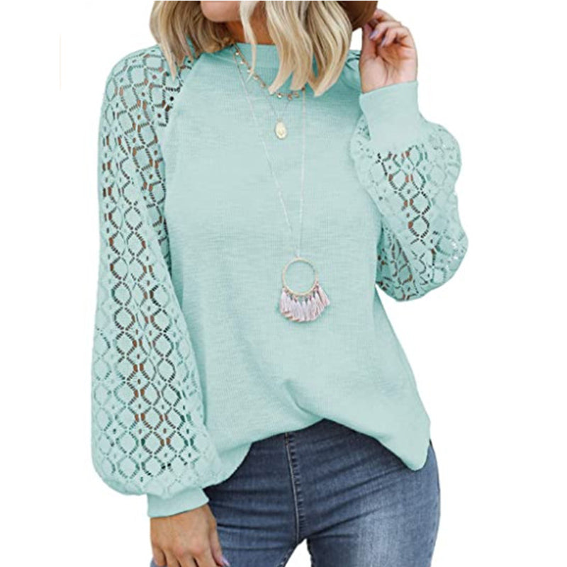 Camiseta de encaje con cuello redondo y mangas largas