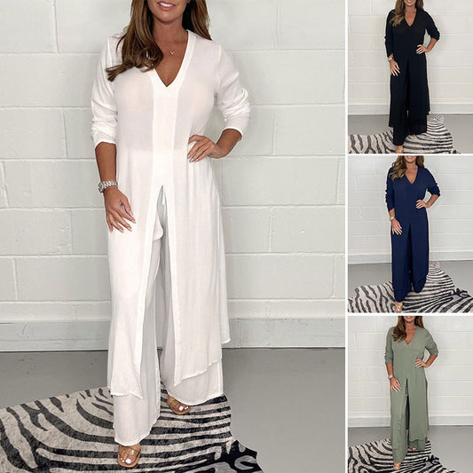 Casual two-piece set with long top and matching pants