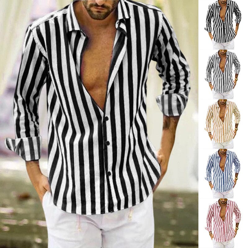Camisa de botones a rayas de lino y algodón con lentejuelas de verano para hombre.
