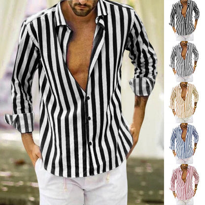 Camisa de botones a rayas de lino y algodón con lentejuelas de verano para hombre.