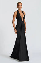 Solid Color Elegant Halterneck V-neck Open Back Tie Gathered Maxi Dress