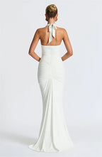 Solid Color Elegant Halterneck V-neck Open Back Tie Gathered Maxi Dress