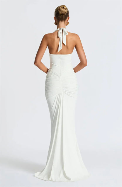 Solid Color Elegant Halterneck V-neck Open Back Tie Gathered Maxi Dress