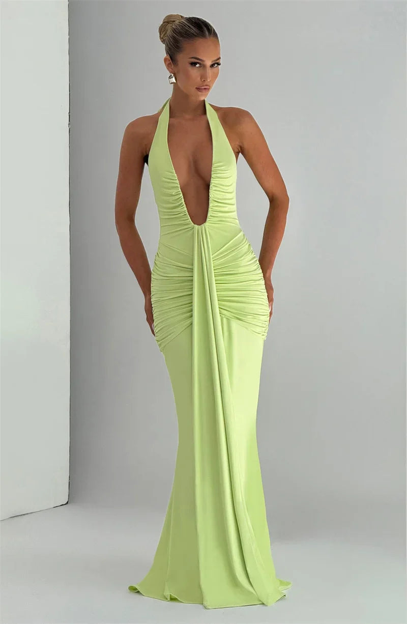 Solid Color Elegant Halterneck V-neck Open Back Tie Gathered Maxi Dress