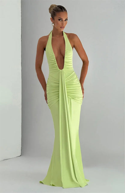 Solid Color Elegant Halterneck V-neck Open Back Tie Gathered Maxi Dress