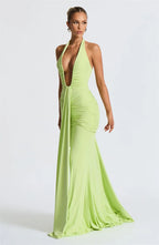 Solid Color Elegant Halterneck V-neck Open Back Tie Gathered Maxi Dress