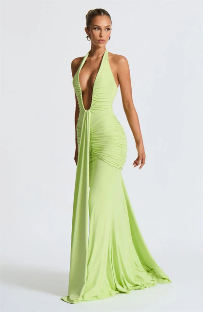 Solid Color Elegant Halterneck V-neck Open Back Tie Gathered Maxi Dress