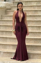 Solid Color Elegant Halterneck V-neck Open Back Tie Gathered Maxi Dress