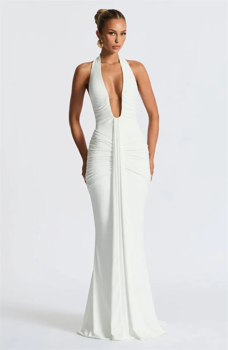 Solid Color Elegant Halterneck V-neck Open Back Tie Gathered Maxi Dress