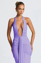 Solid Color Elegant Halterneck V-neck Open Back Tie Gathered Maxi Dress